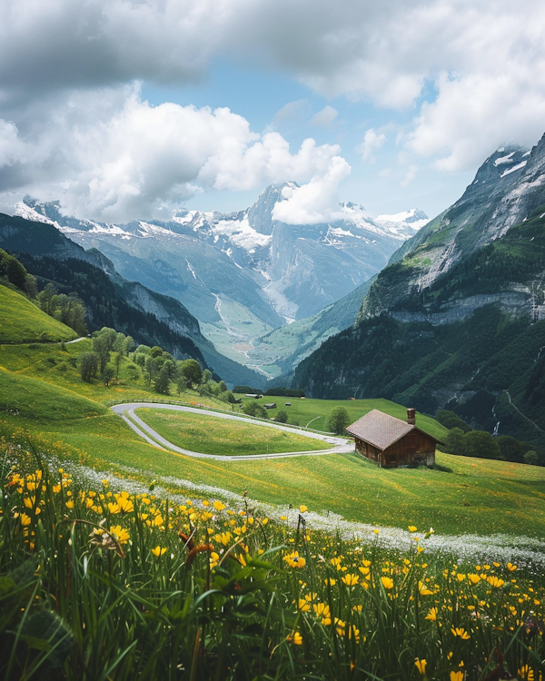 Idyllic Mountain Landscape with Cabin