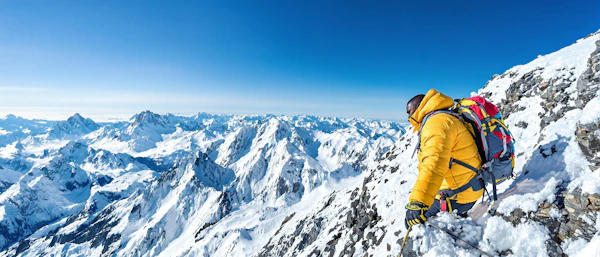 Mountaineer on Snowy Ridge