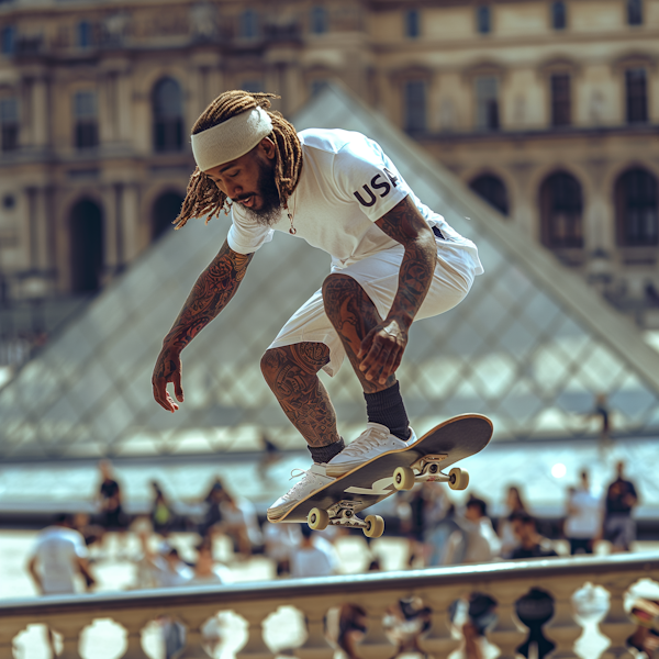 Skateboarder near Louvre Museum