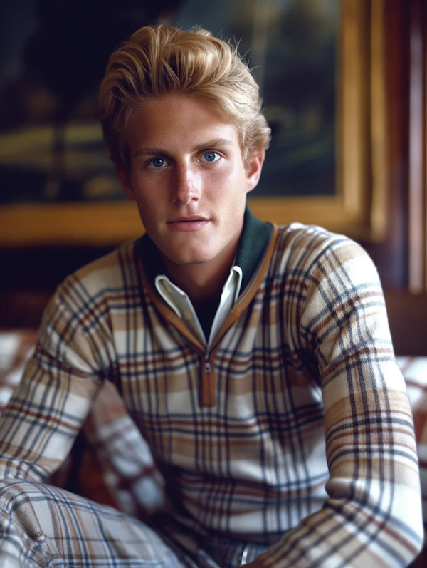 Contemplative Young Man in Plaid Tracksuit
