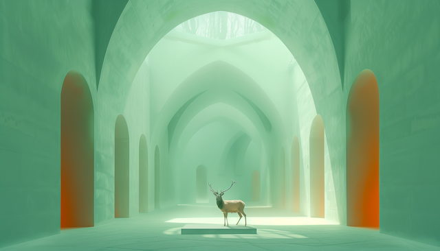 Surreal Deer in Arched Corridor