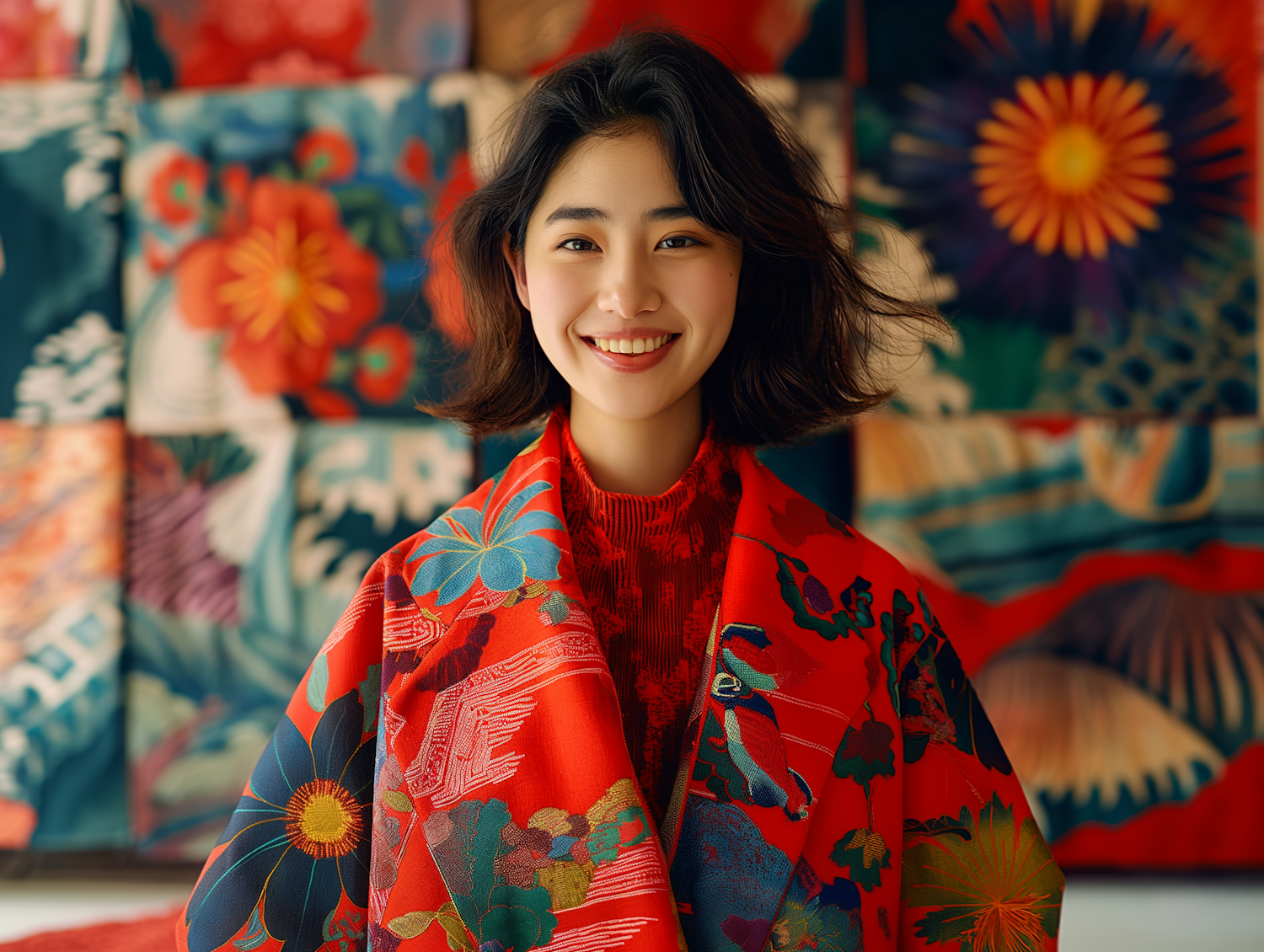 Joyful Woman in a Vibrant Kimono