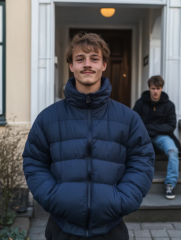 Young Man in Blue Puffer Jacket