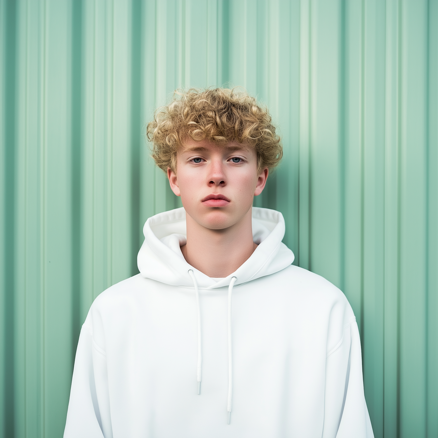 Young Person in White Hoodie Against Green Panels