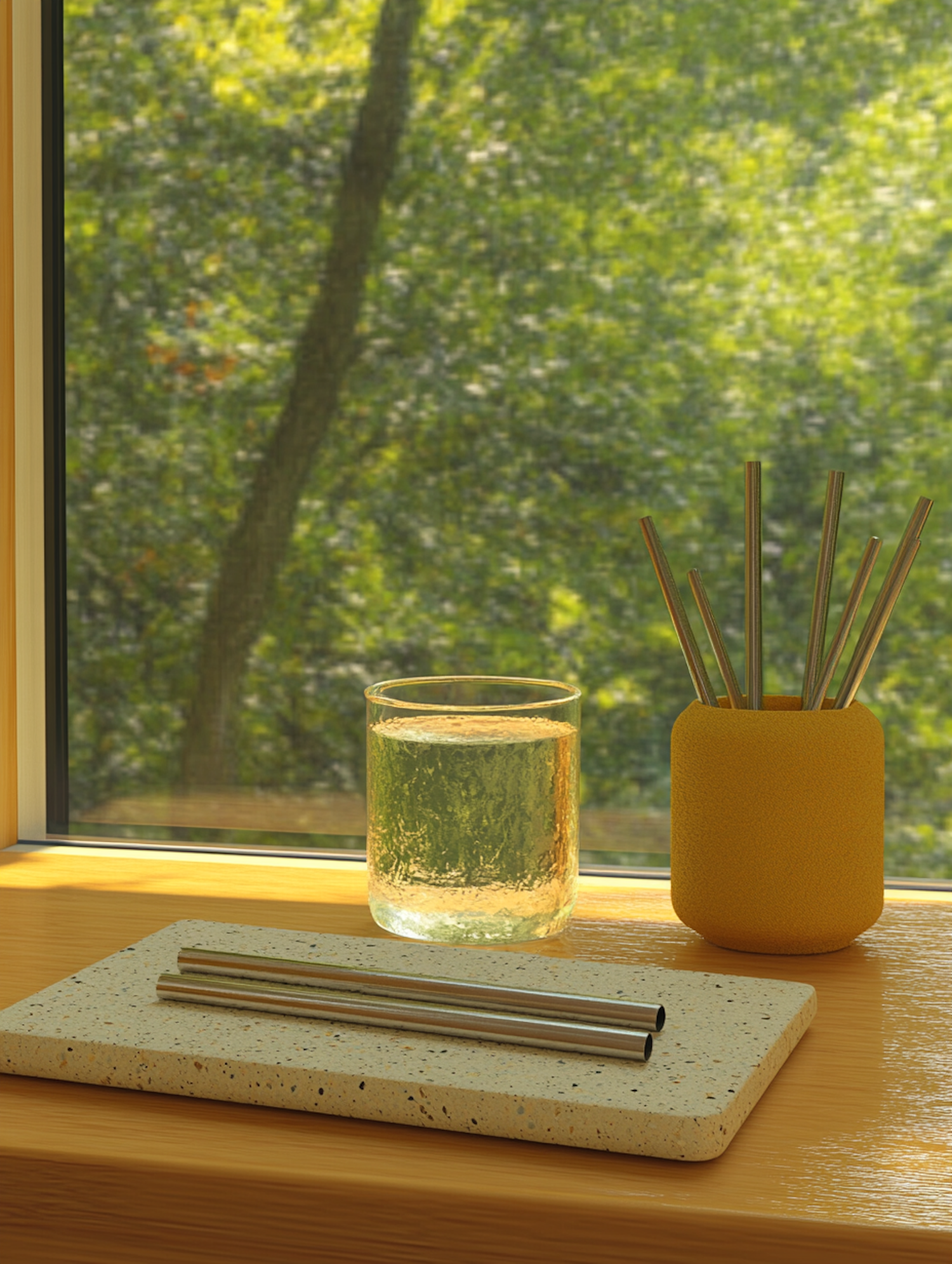 Serene Window Scene with Glass and Straws