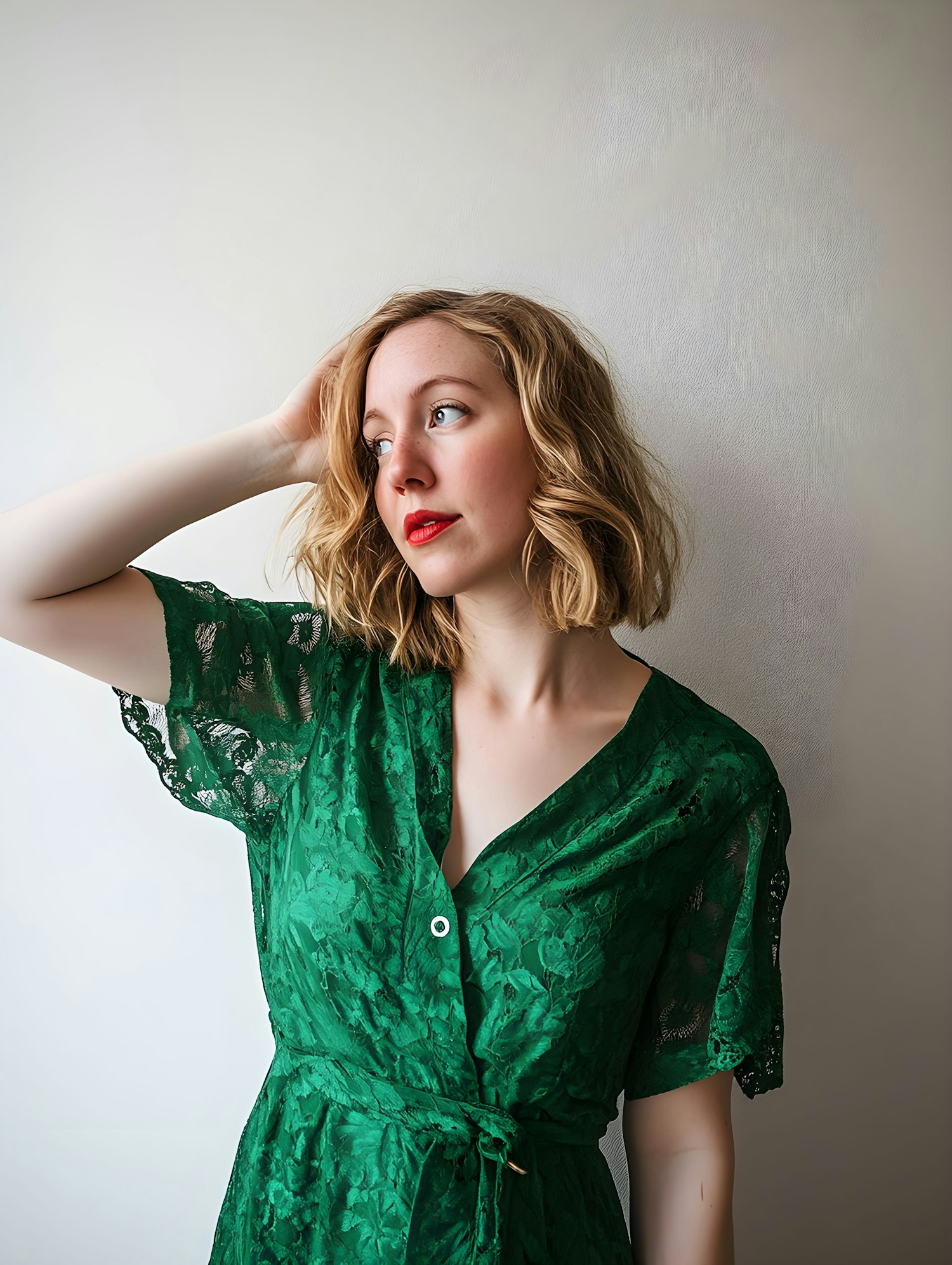 Contemplative Woman in Emerald Green Dress