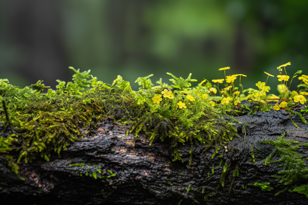 Moss and Yellow Flowers on Tree Bark