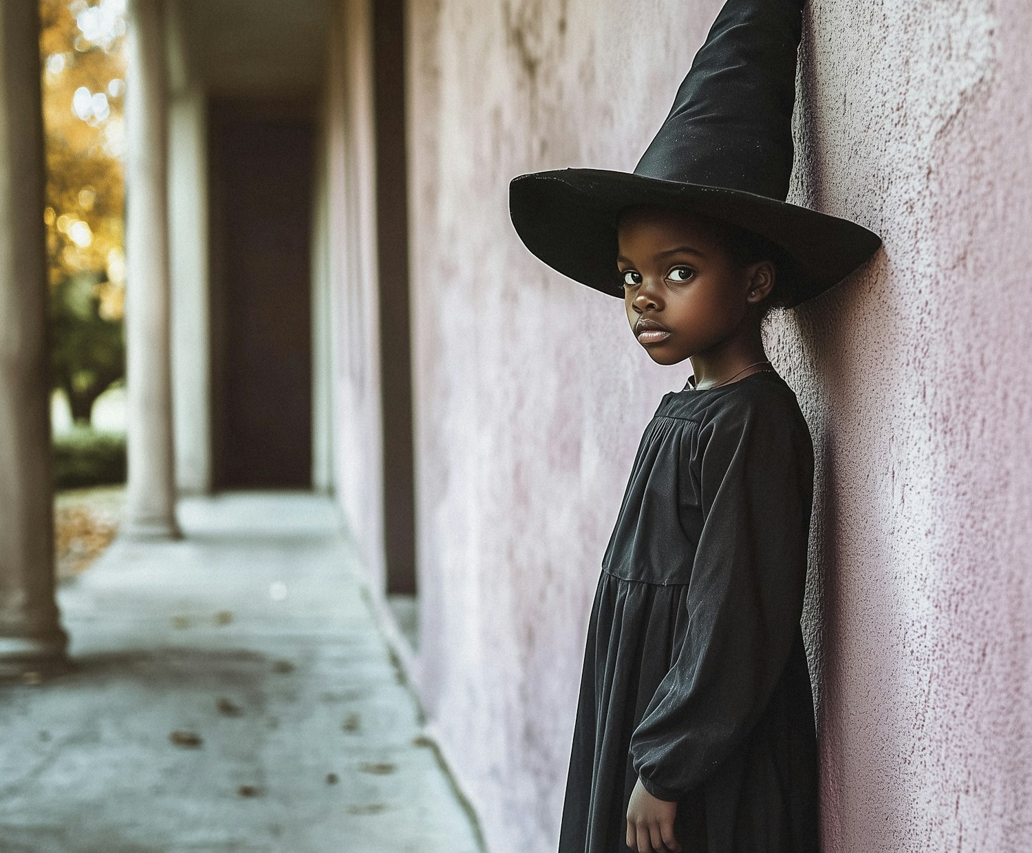 Contemplative Child in Witch Costume