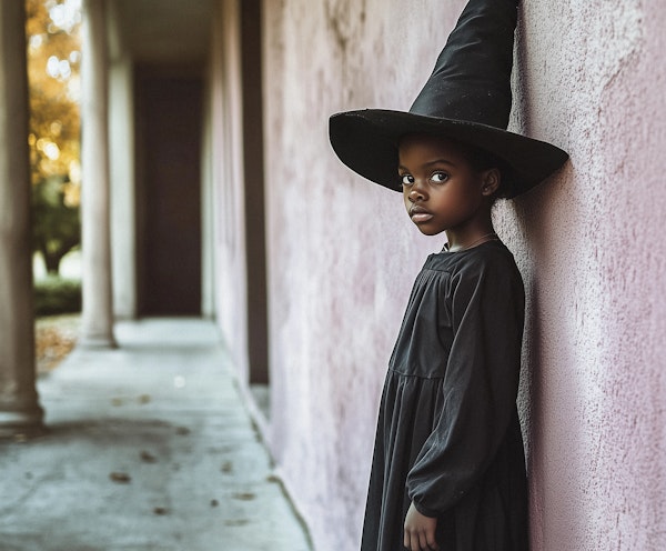 Contemplative Child in Witch Costume