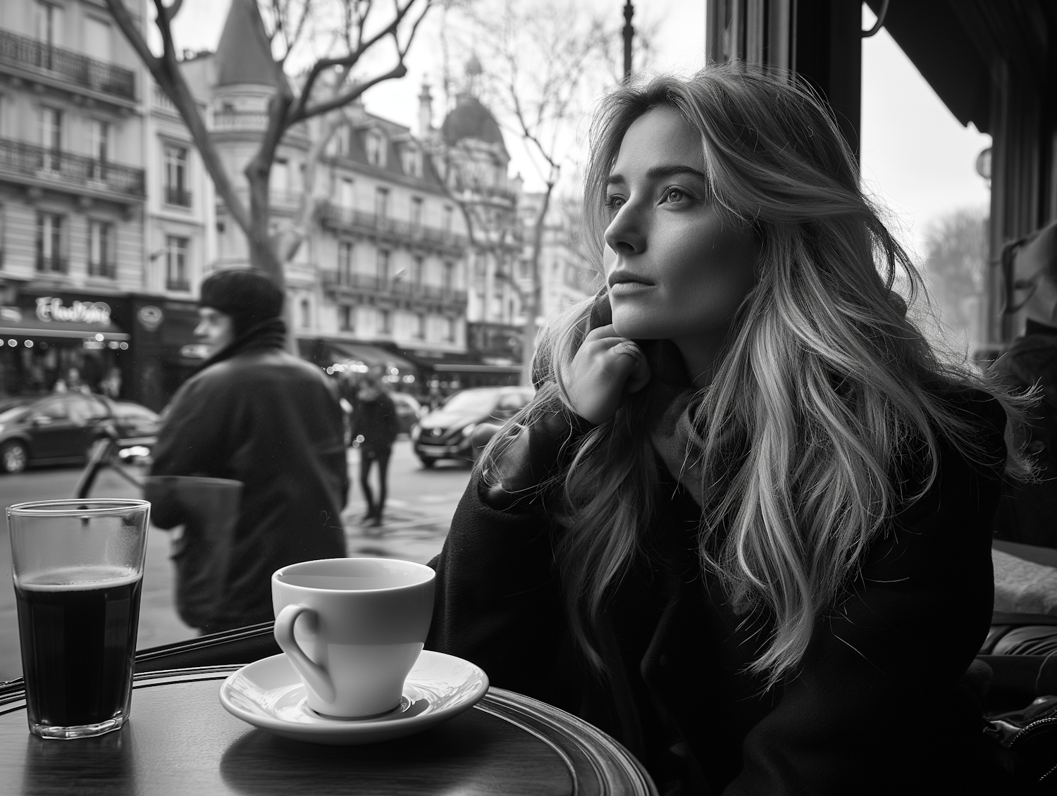 Contemplative Moment at a European Cafe