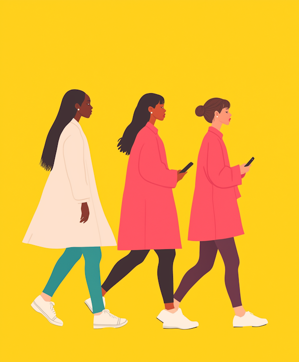 Women Walking Against Yellow Background