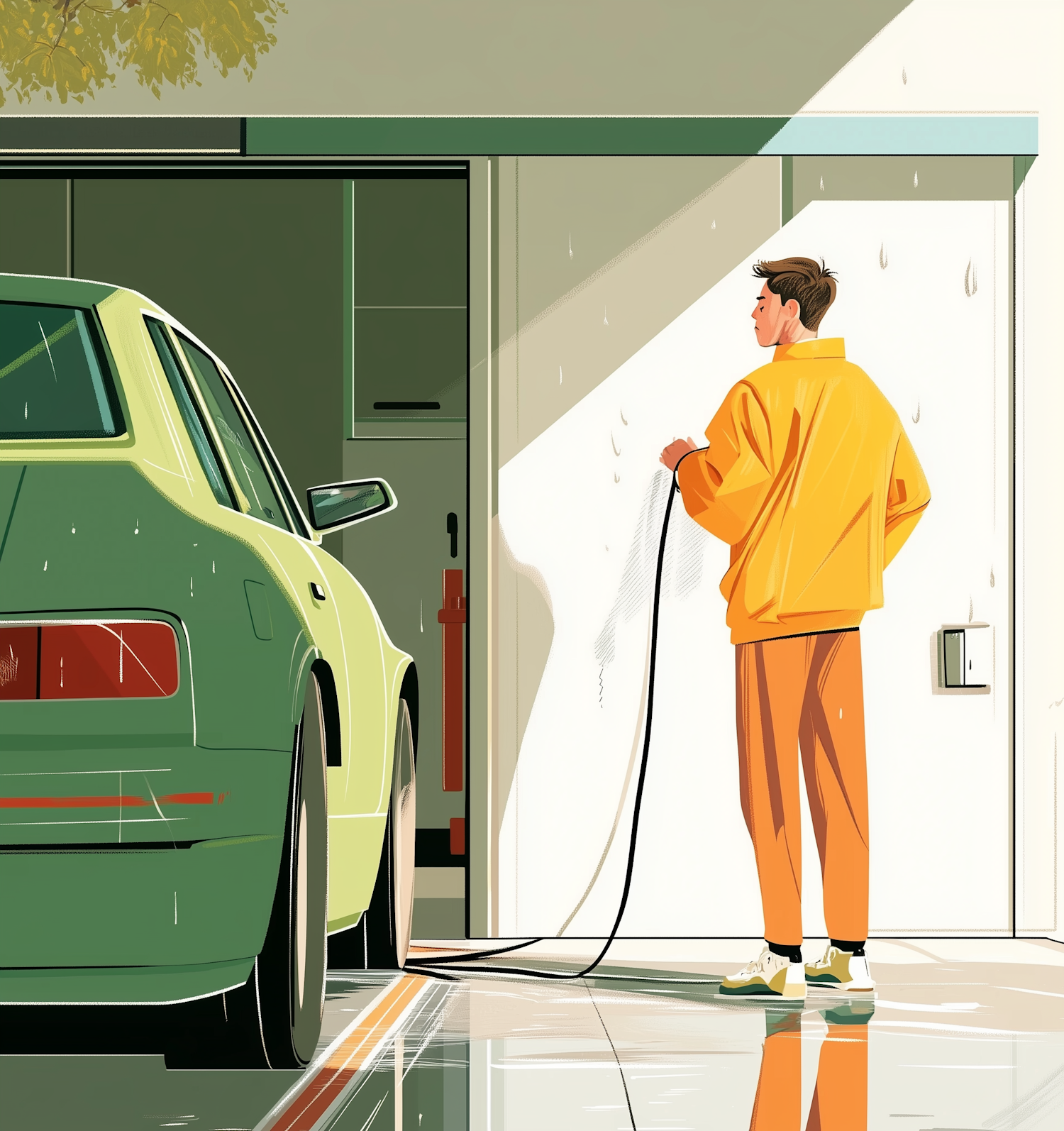 Man Washing Car in Garage