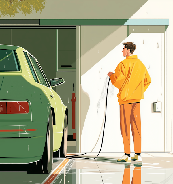 Man Washing Car in Garage