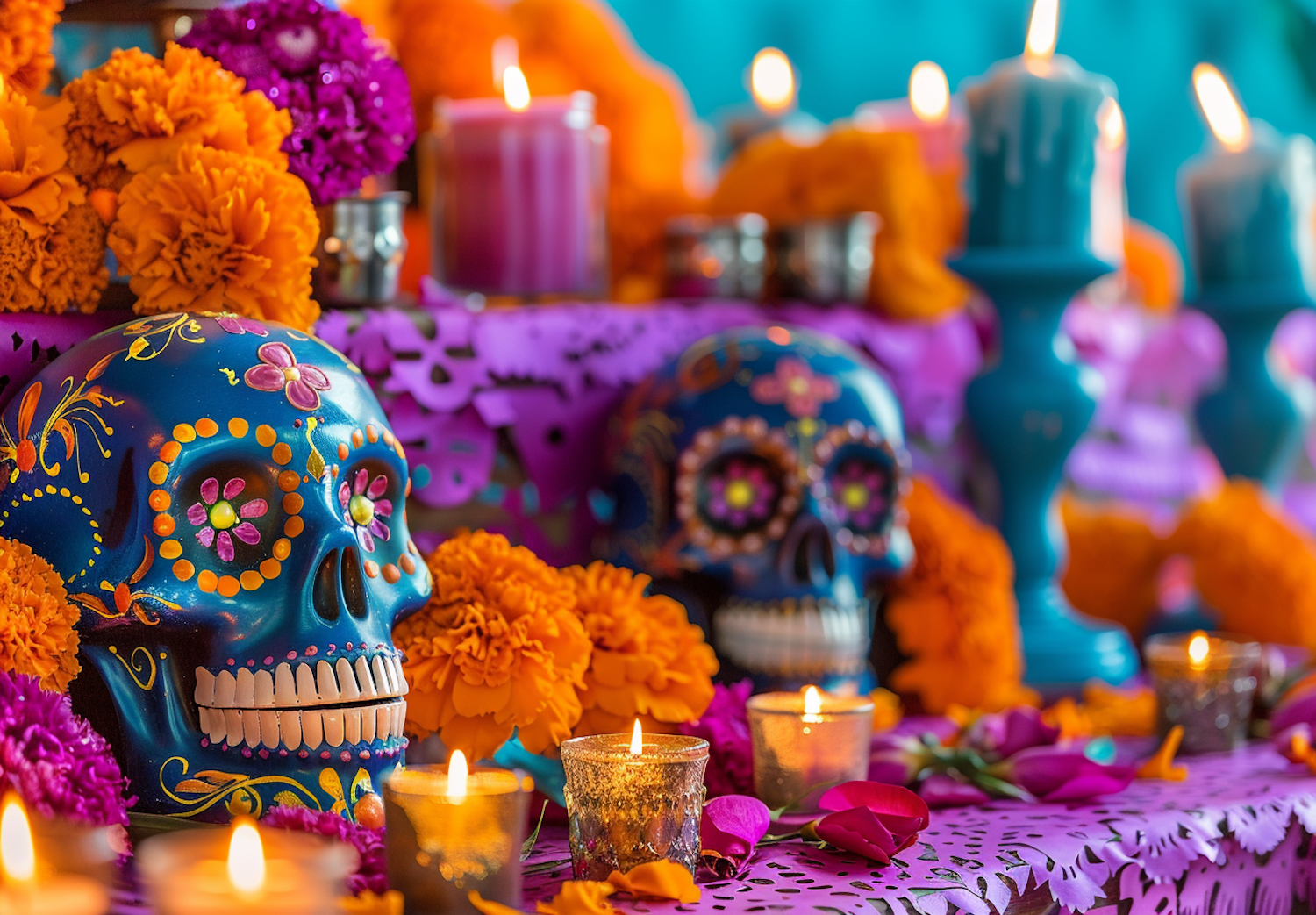 Vibrant Day of the Dead Altar with Decorated Skull