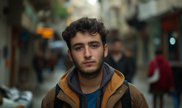 Contemplative Young Man in Busy Street