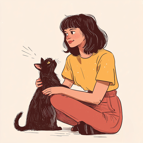 Crouching Woman Petting Black Cat