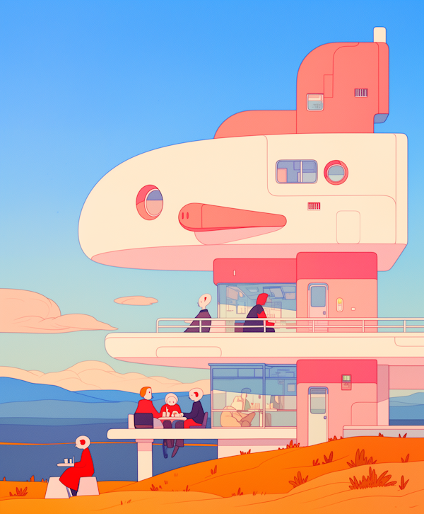 Futuristic Multi-Level Structure with Human Figures