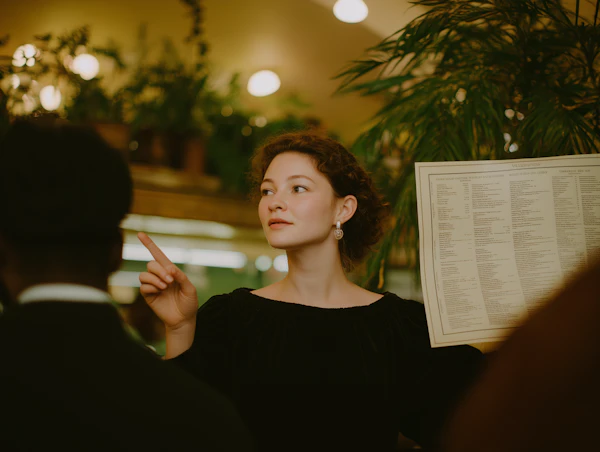 Woman Explaining in Cafe