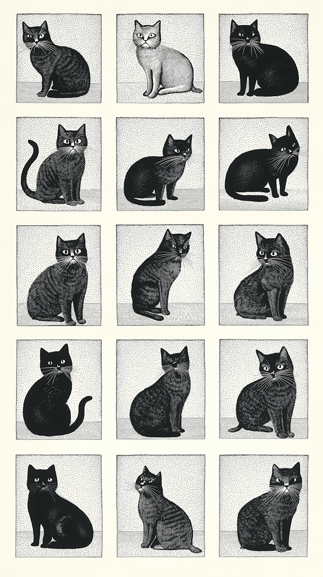 Collection of Black and White Cat Illustrations