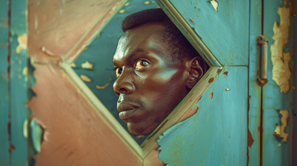 Man Peering Through Turquoise Door