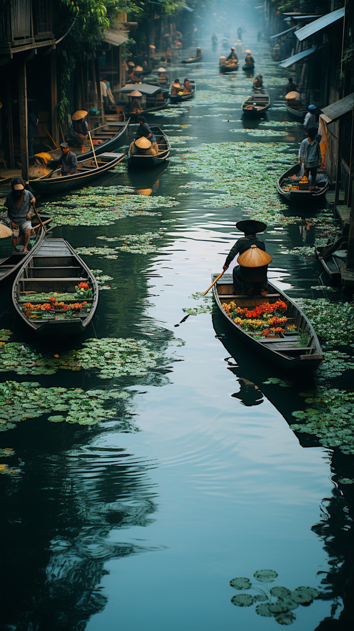 Serene Morning at the Southeast Asian Floating Flower Market