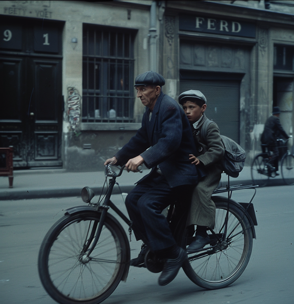 Grandfather and Grandson Biking in the City