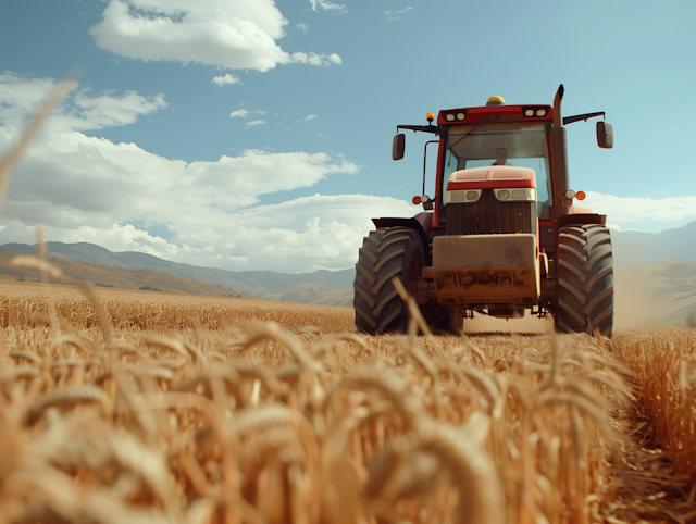 Red Tractor in Wheat Field