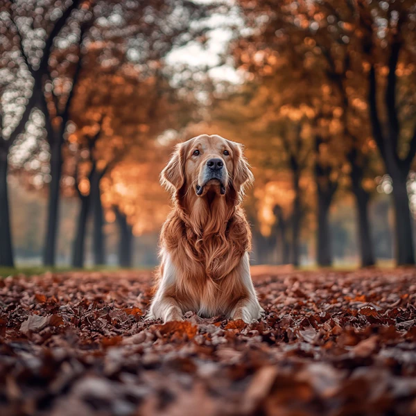 Golden Retriever in Autumn Leaves