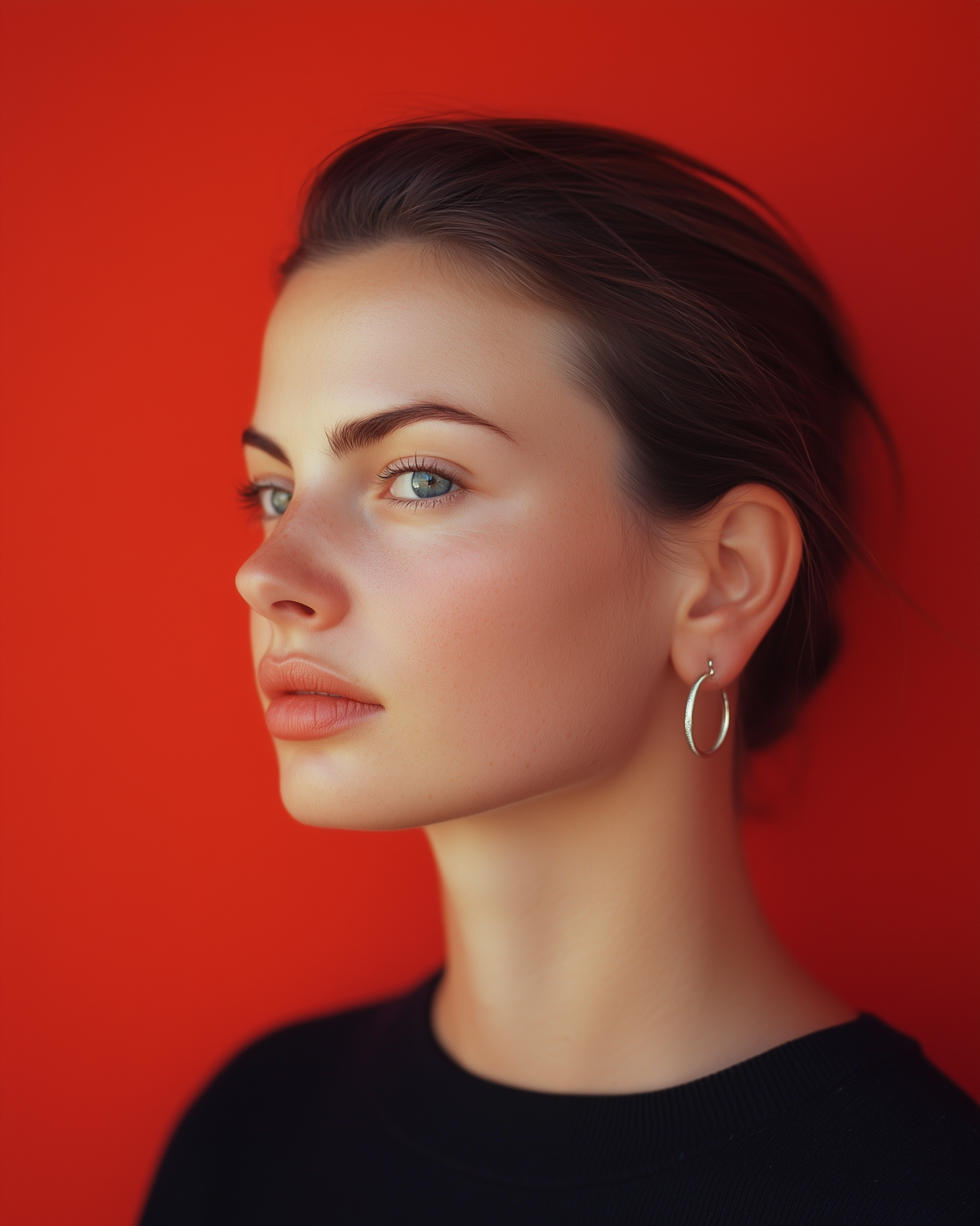 Profile of a Young Woman Against Red Background