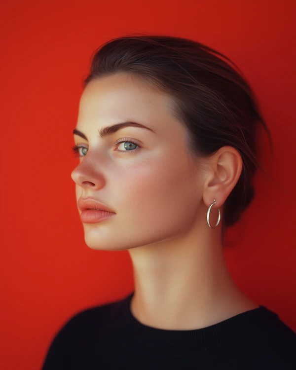 Profile of a Young Woman Against Red Background