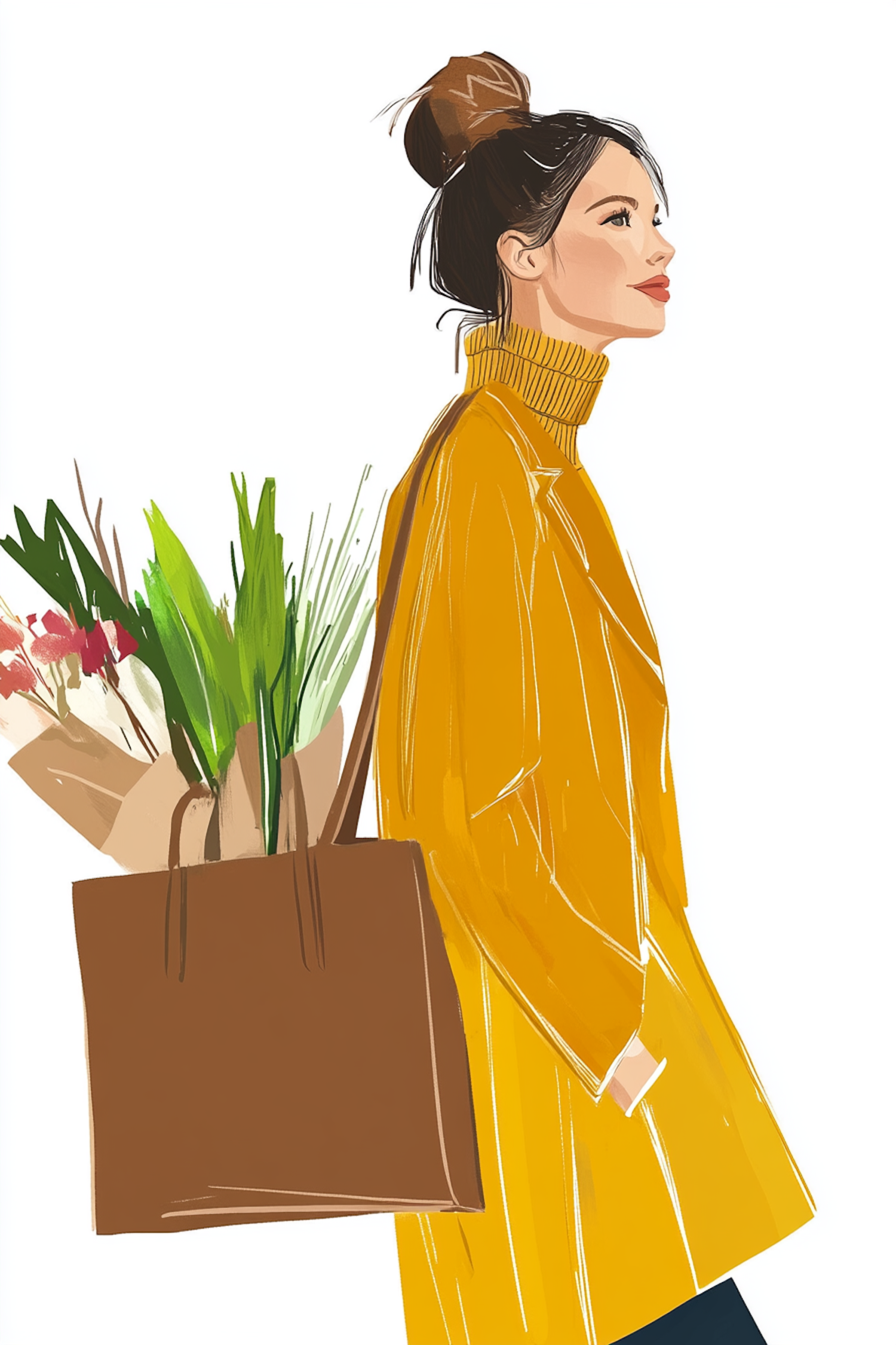 Woman with Yellow Coat and Flowers