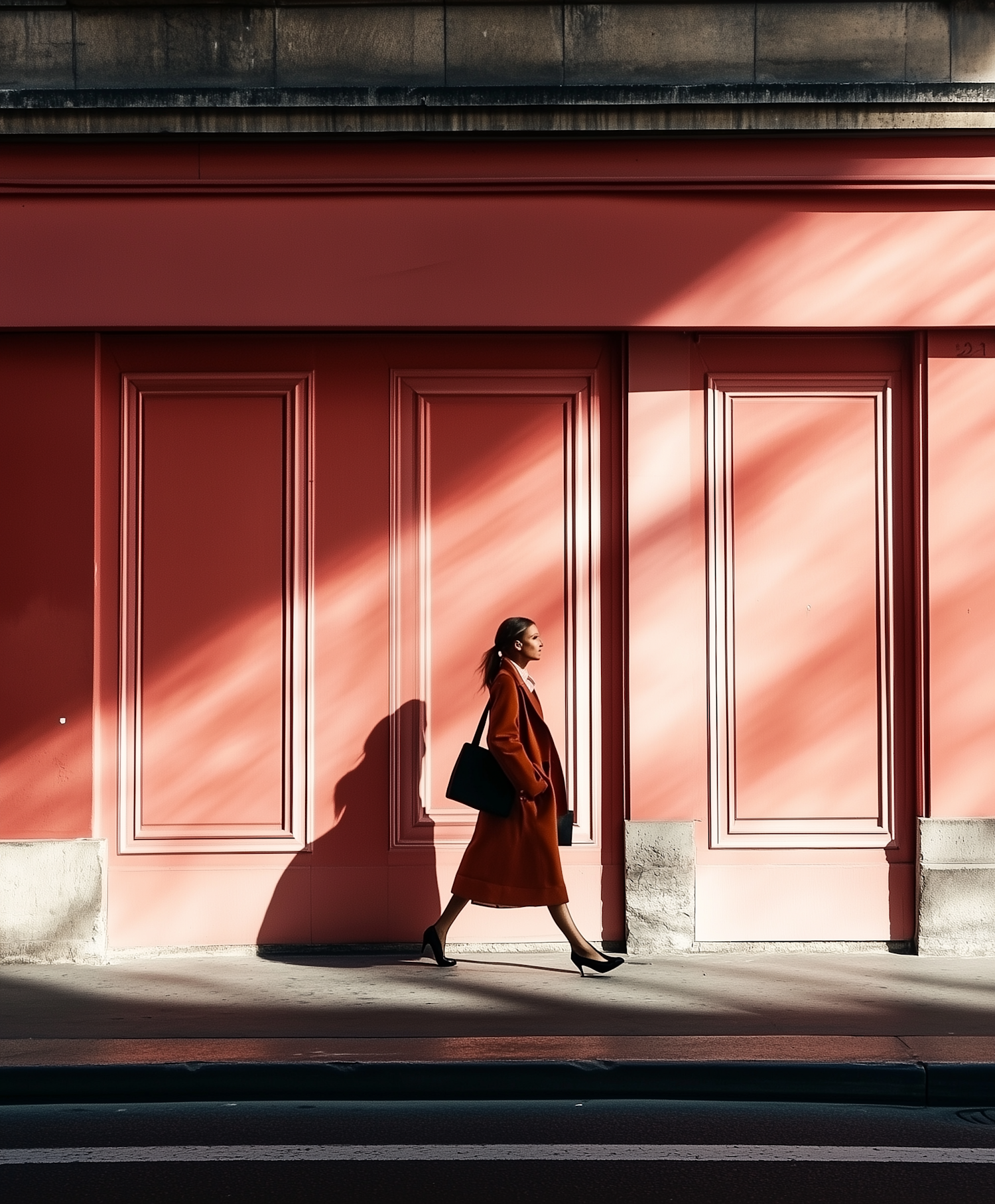 Woman Walking Along Pink Wall