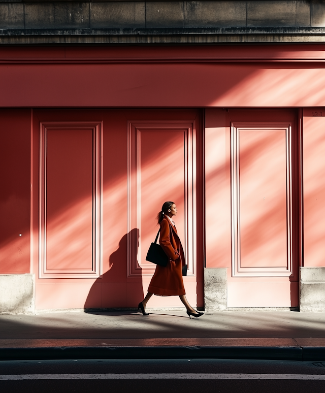 Woman Walking Along Pink Wall