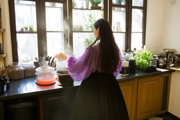 Woman Cooking in Sunlit Kitchen