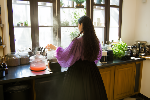 Woman Cooking in Sunlit Kitchen