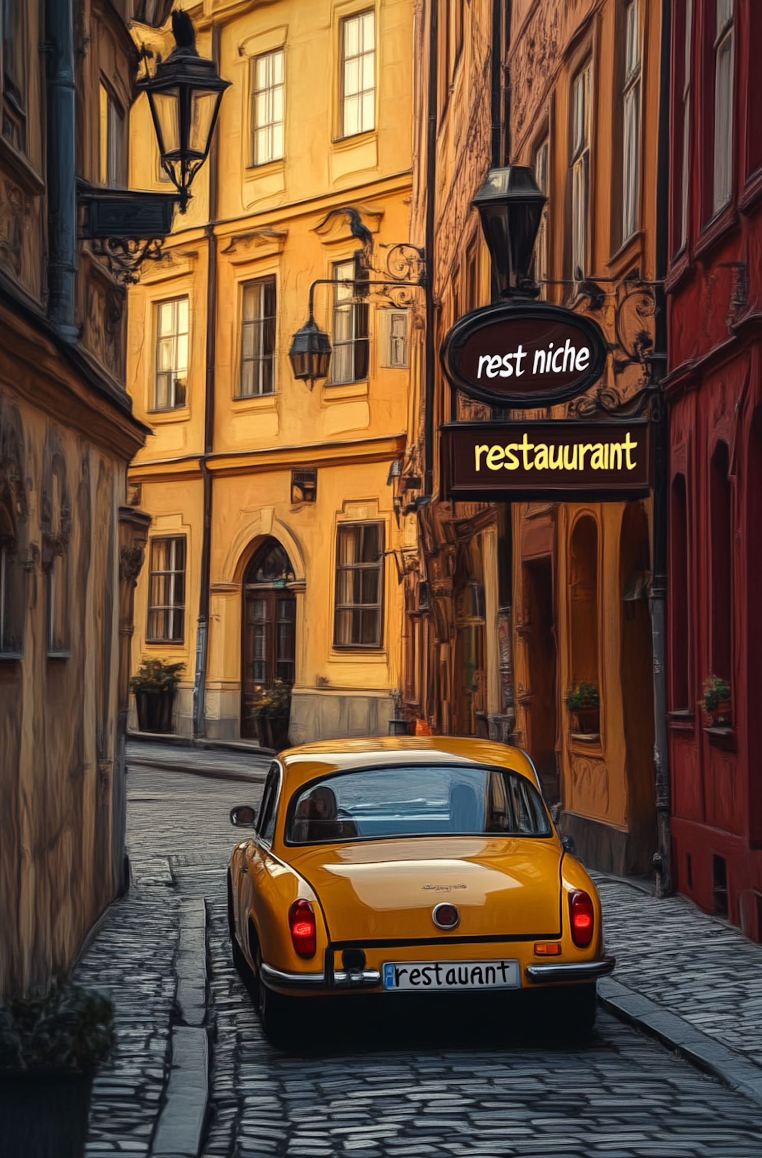 Classic European Street Scene with Yellow Car