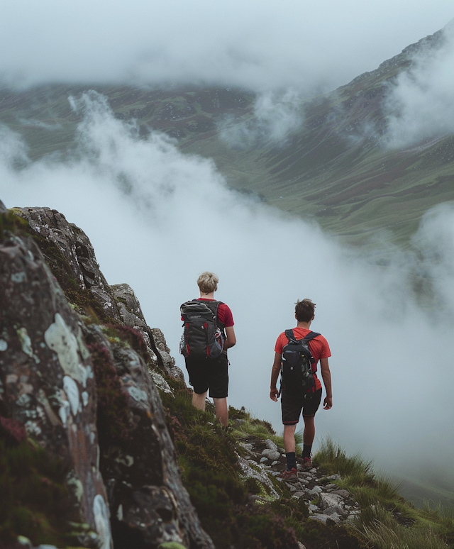 Hikers in Mountain Fog