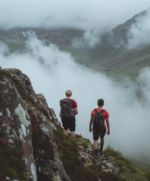 Hikers in Mountain Fog
