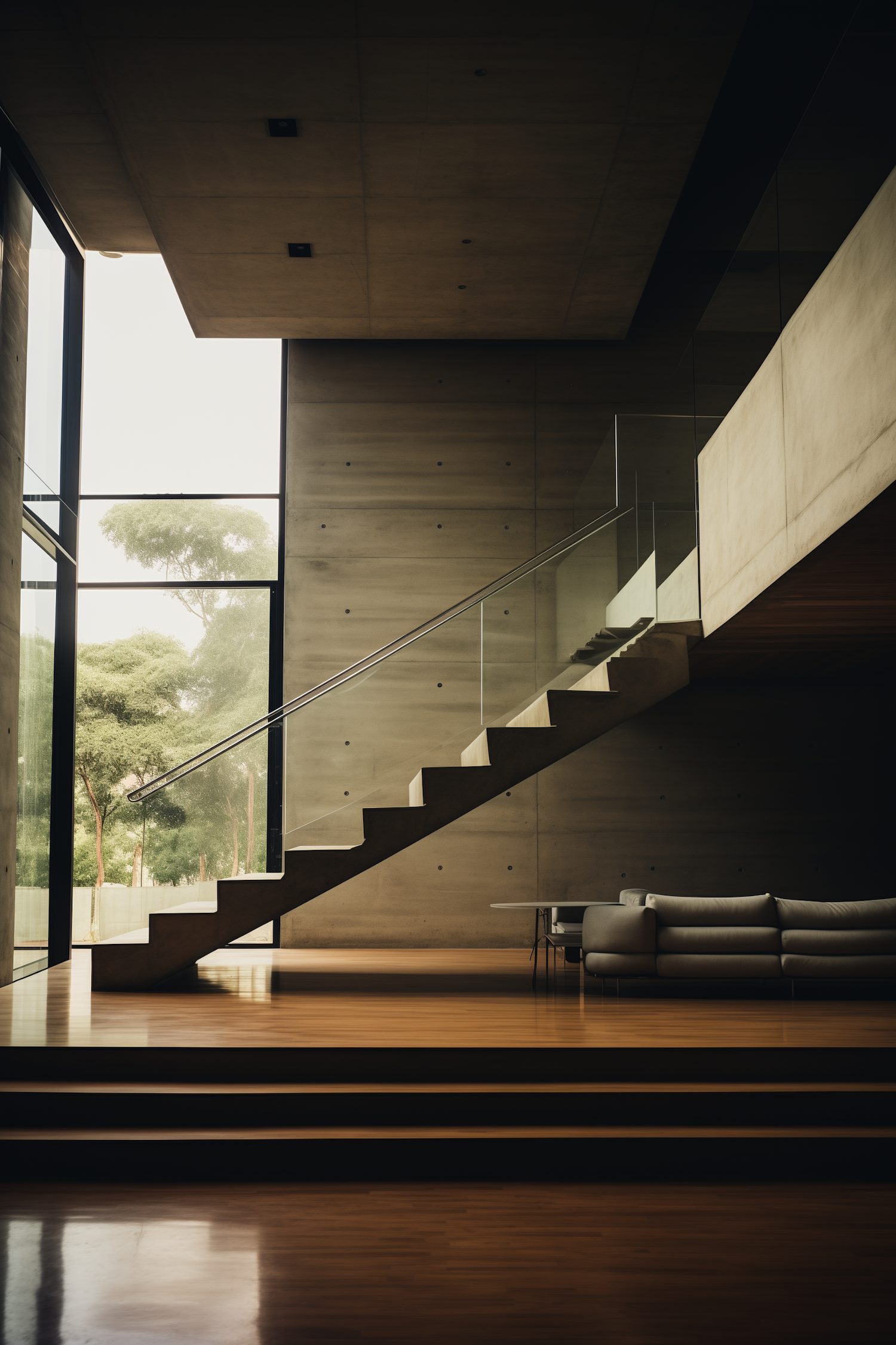 Modern Serenity: A Warm Wood Floating Staircase in a Minimalist Interior