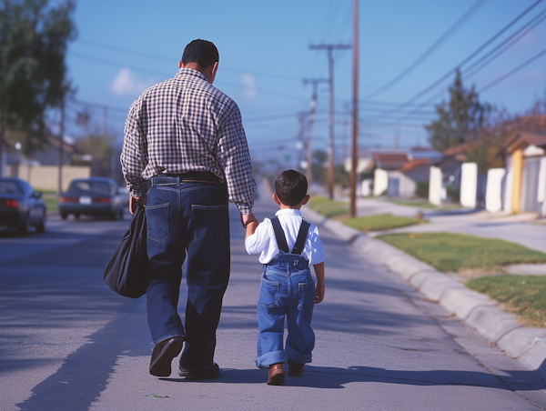 Man and Boy Walking in Suburban Street