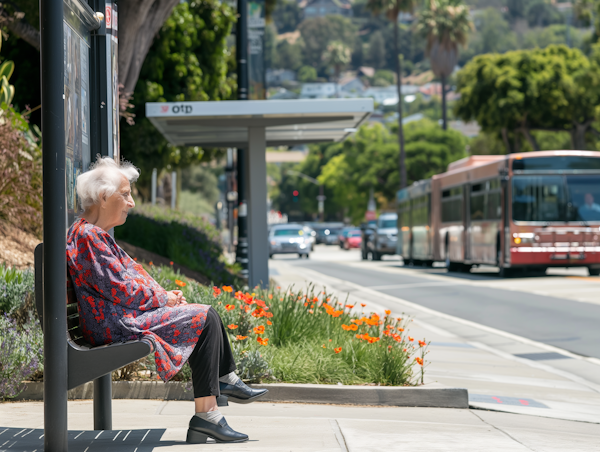 Elderly Woman at Bus Stop