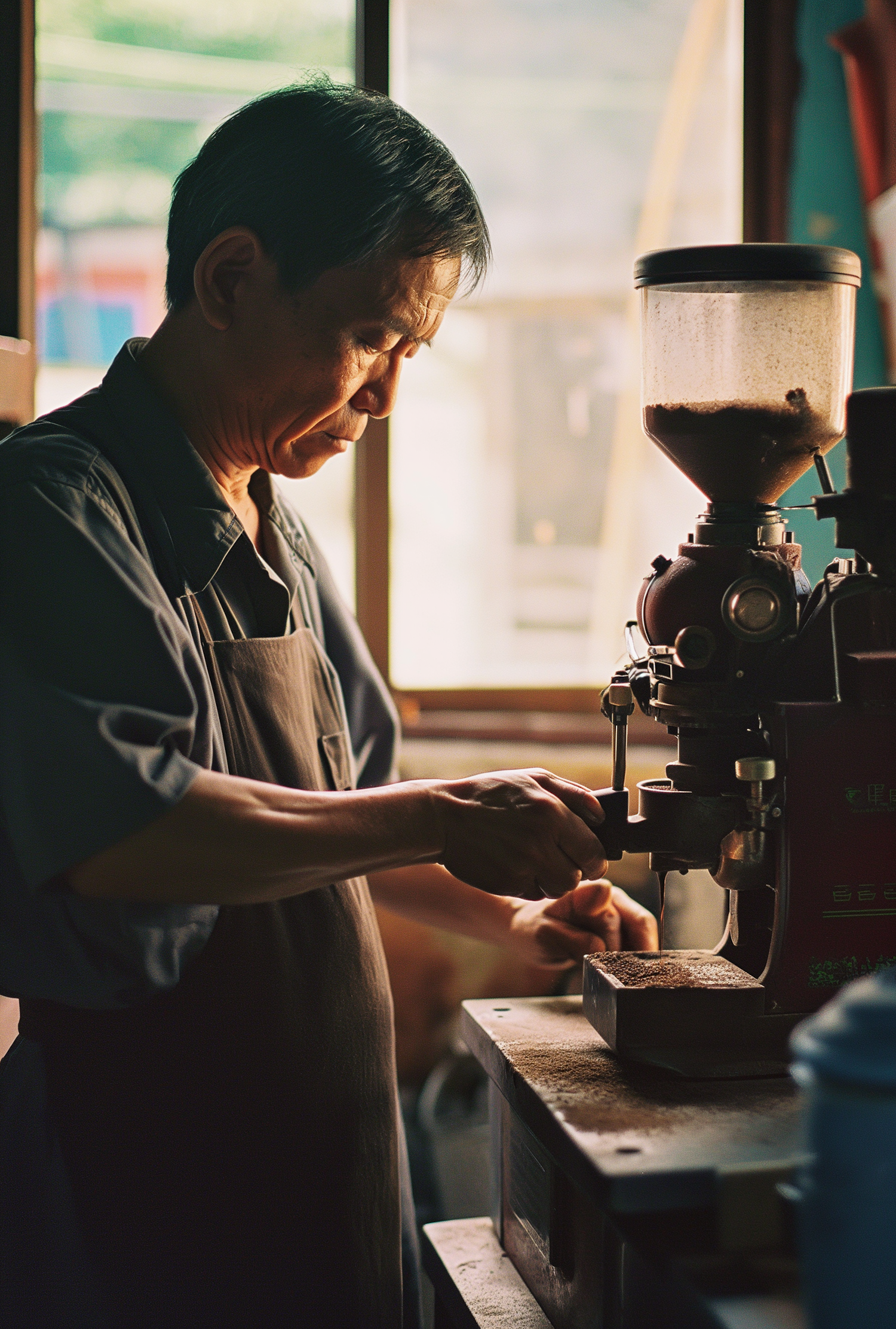 Asian Barista Grinding Coffee with Expertise