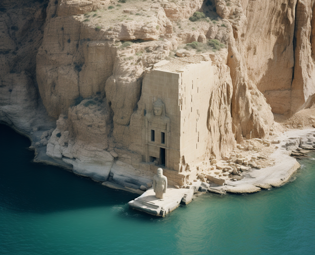 Ancient Waterfront Monument with Seated Statue