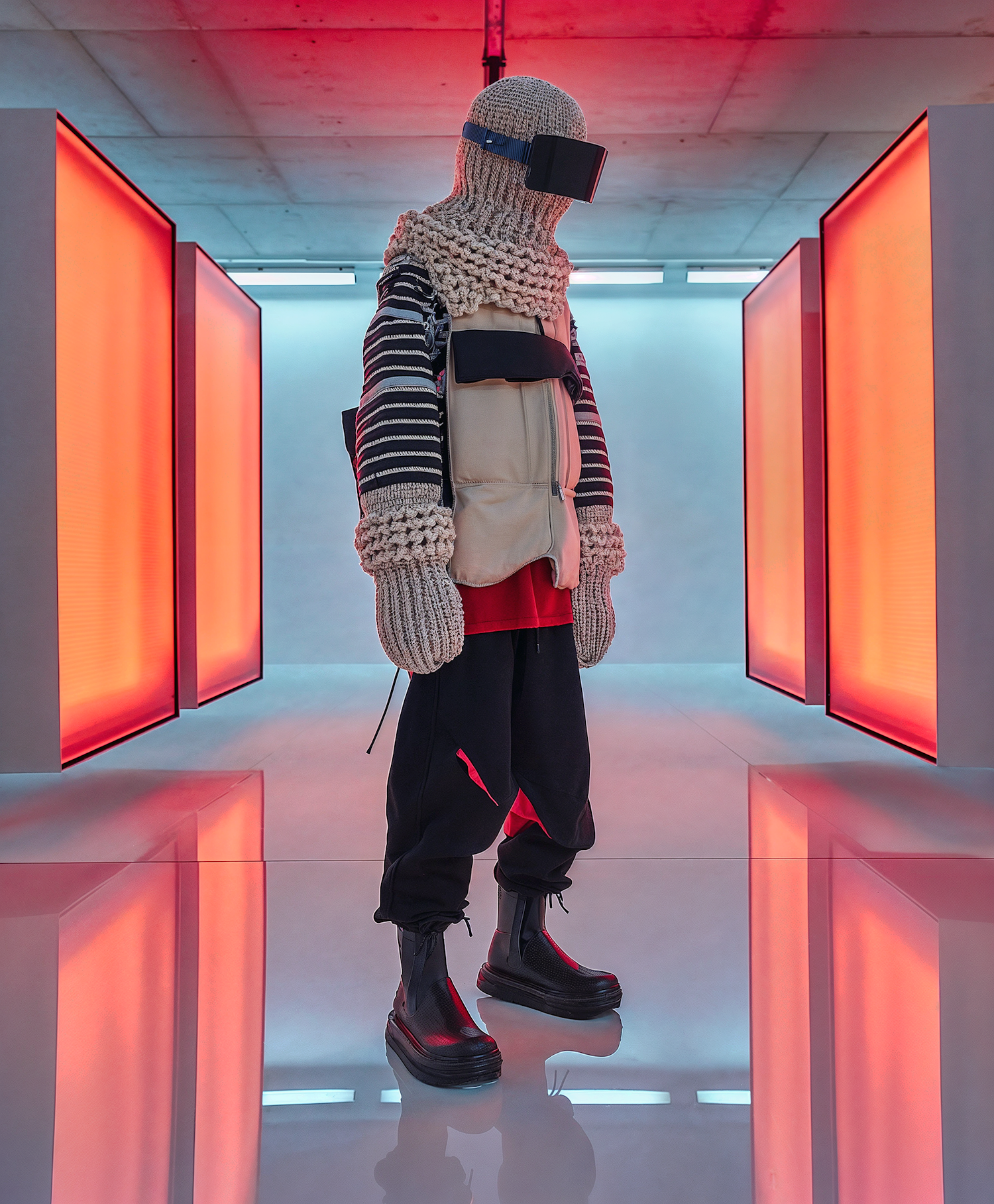 Futuristic Fashion in Red Corridor