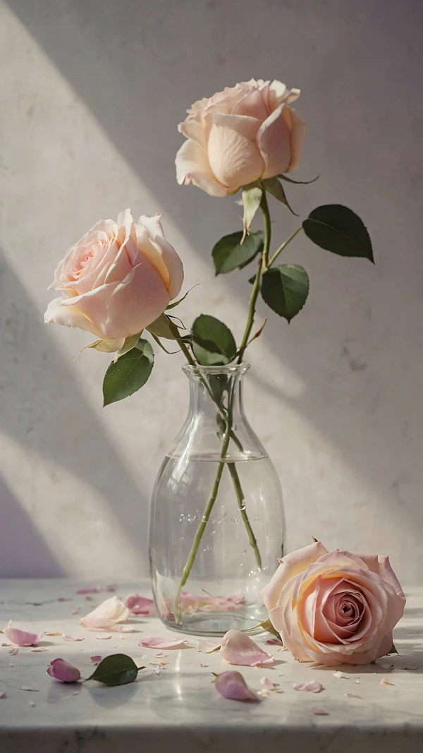 Delicate Pink Roses in Glass Vase