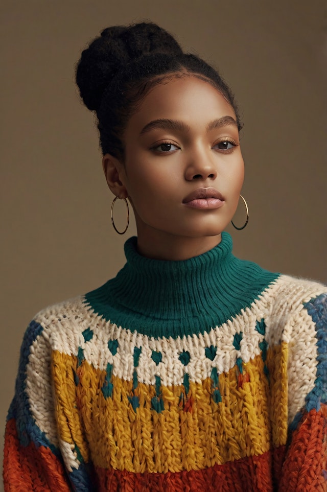 Serene Woman in Colorful Sweater