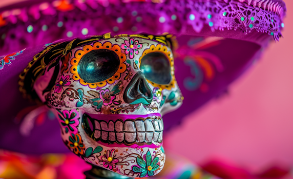 Colorful Dia de los Muertos Skull with Sombrero