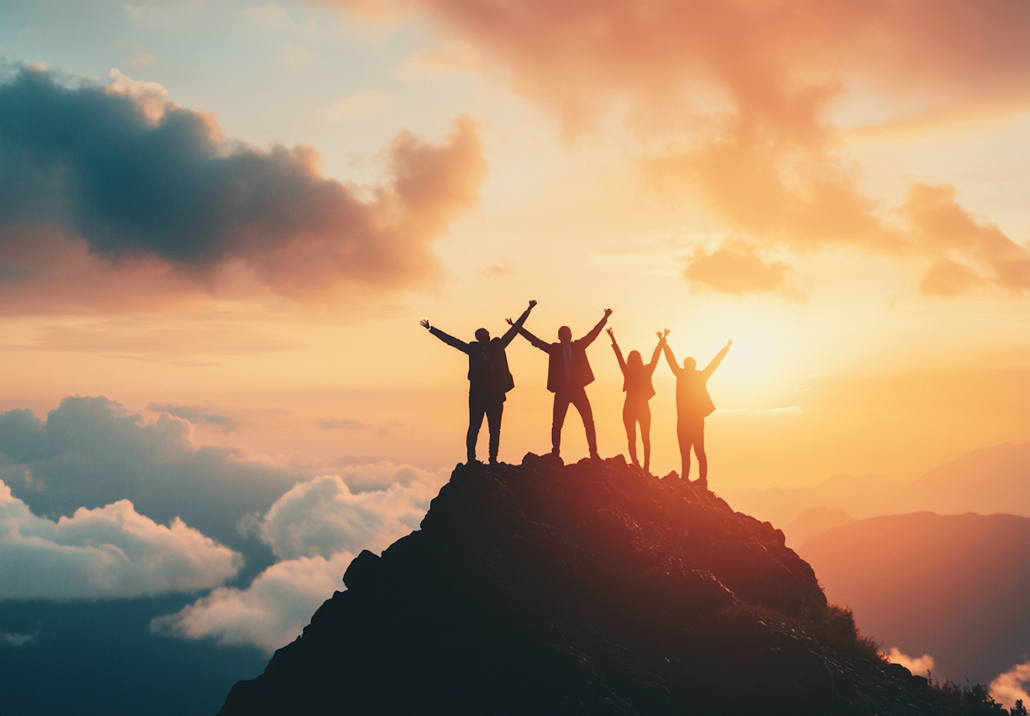 Triumphant Group on Mountain at Sunrise/Sunset