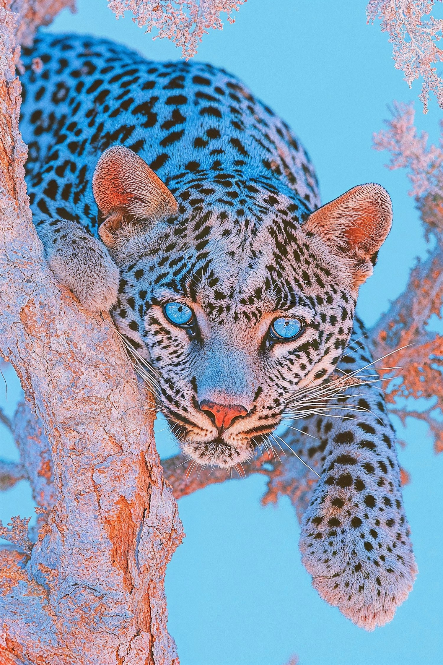 Blue-Eyed Leopard on a Frosted Tree