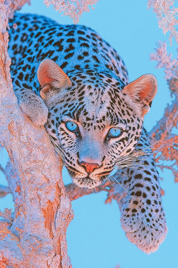 Blue-Eyed Leopard on a Frosted Tree